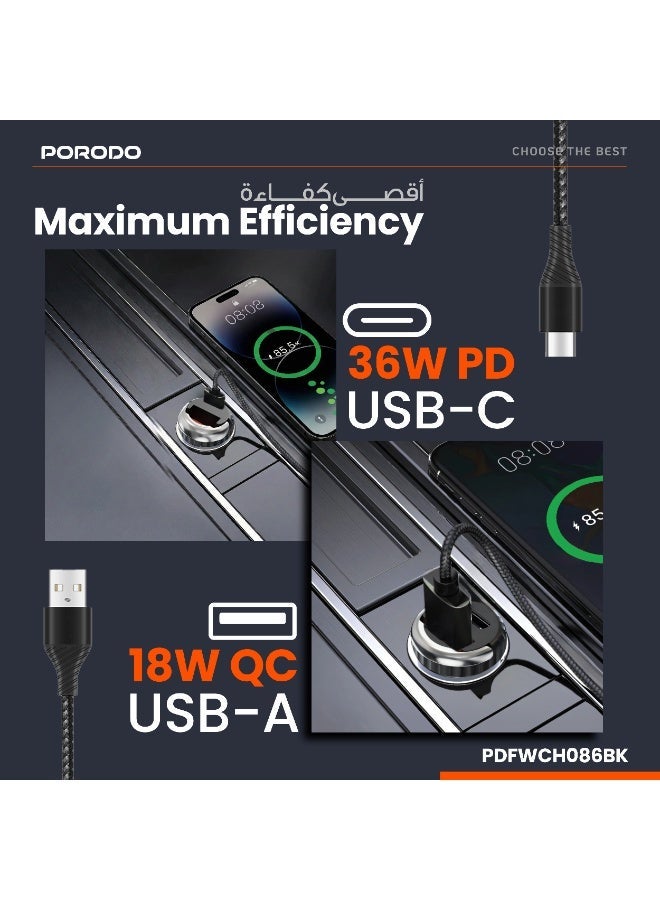 porodo Dual Port Transparent Car Charger with Pull Ring Handle/ PD 36W/ QC 18W/ USB-A & USB-C Ports/Fast Charging/ Sleek & compact Flush-Fit Design/Universal Compatibility - Black - Image 3
